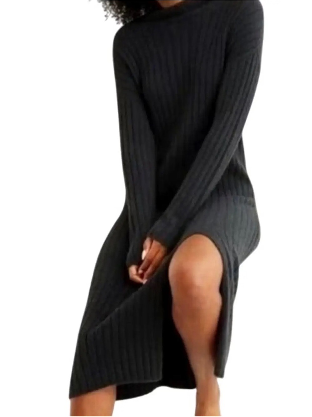 Aerie Mock Neck Ribbed Fuzzy Midi/Maxi Sweater Dress [XS]